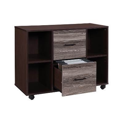 Walnut Wood Mobile Lateral File Cabinet with 2 Drawers