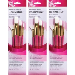 Princeton RealValue Brush Set, White Taklon Bristles, Short Handle Mixed Media Paintbrush, Pink, 4 Per Set, 3 Sets - 1 of 3