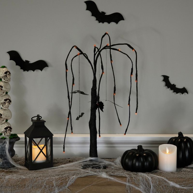 Northlight 24" LED Lighted Black Glittered Halloween Willow Tree with Bats - Orange Lights, 3 of 10