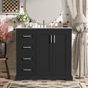 Whisen 36" Bathroom Vanity Bathroom Storage Cabinet with Ceramic Sink, Adjustable Shelf and 3 Drawers - 1 of 4