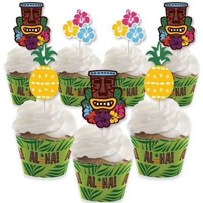 Big Dot of Happiness Tiki Luau - Cupcake Decoration - Tropical Hawaiian Summer Party Cupcake Wrappers and Treat Picks Kit - Set of 24