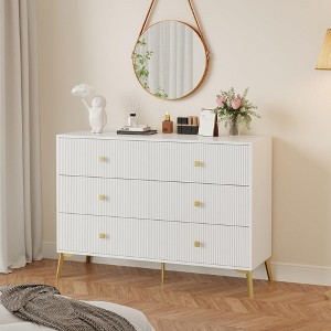 6 Drawer Dresser for Bedroom,Modern Bedroom Dresser,Fluted White and Gold Dresser with Curved Profile Design - 1 of 4