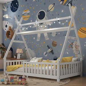 BABYYER Twin Size Detachable Floor Tent Bed, Wooden House Bed Frame with Fence and Roof, No Box Spring Needed for Boys and Girls - 1 of 4