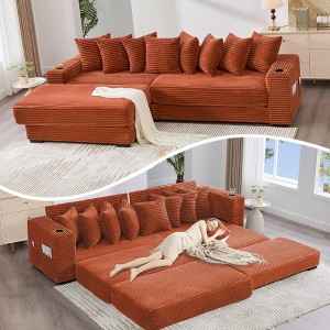 110.75" Modular L-Shaped Sofa Bed, Corduroy Sectional Couch with Footstool, 8 Pillows, Cup Holders & Side Pockets, Sleeper Sofa for Living Room - 1 of 4