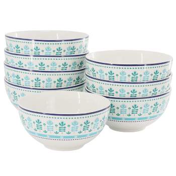Gibson Home Village Vines Floral 8 Piece 6 Inch Fine Ceramic Bowl Set in White and Multi Green
