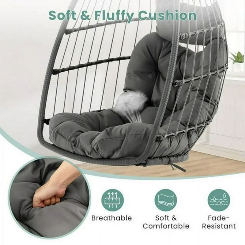 SKONYON Outdoor Foldable Wicker Swing Egg Chair with Cushion Dark Gray, Without Stand, 4 of 7