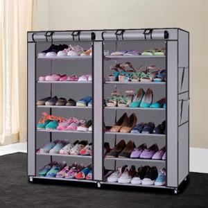 Double Row Shoe Rack Organizer with 9 or 12 Compartments Non Woven Fabric Shoe Storage Cabinet Space Saving Shoe Shelf - 1 of 4