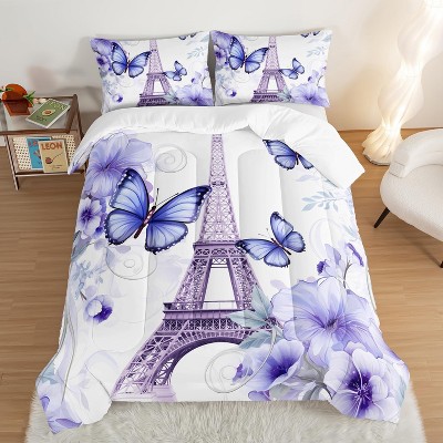 Beautiful Butterfly comforte Set ,Romantic Eiffel Tower Print Dreamy Floral Parisian Decor Style,1 Comforter + 2 Pillowcases,for Girls Women