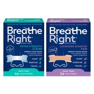 Breathe Right Drug-Free 26 Count Nasal Strips for Congestion Relief + 44 Count Clear Nasal Strips - 1 of 3