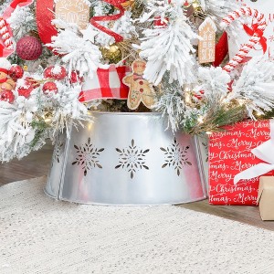 AuldHome Design 29" Large Rustic White Tree Collar, Snowflake, Vintage Enamelware Christmas Tree Skirt - 1 of 4