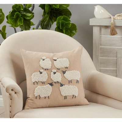 Natural Cotton Embroidered Sheep Square Throw Pillow
