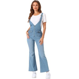 Allegra K Women's Casual Denim V Neck Zip Up Bell Bottom Jeans Jumpsuits - 1 of 4