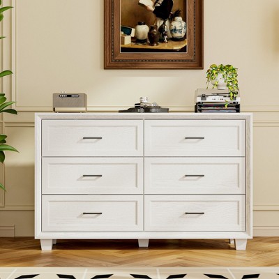 Famapy Farmhouse Buffet Storage Cabinet Dresser Accent Cabinet with 6 Drawers, White Wood Dresser for Bedroom, Living Room, Hallway