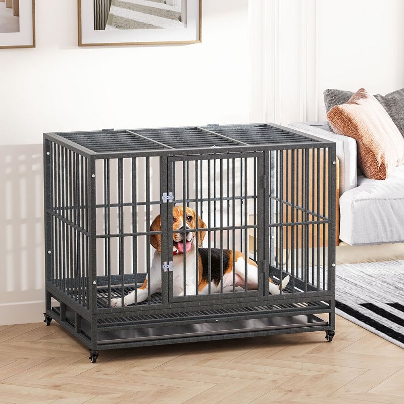 PawHut Heavy Duty Dog Crate Dog cage Kennel with Lockable Wheels, Double Door and Removable Tray, Grey, 4 of 11