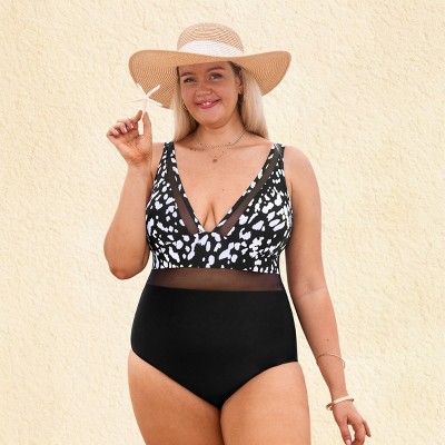 Women's Plus Size Chic Monochrome Printed One-Piece Swimsuit - Cupshe