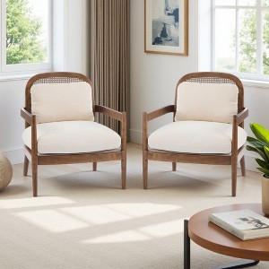 26.6" Fabric Mid-Century Accent Chairs Set of 2 with Walnut Frame and Rattan Backrest - 1 of 4