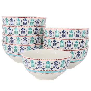 Gibson Home Village Vines Floral 8 Piece 6 Inch Fine Ceramic Bowl Set in White and Multi Blue