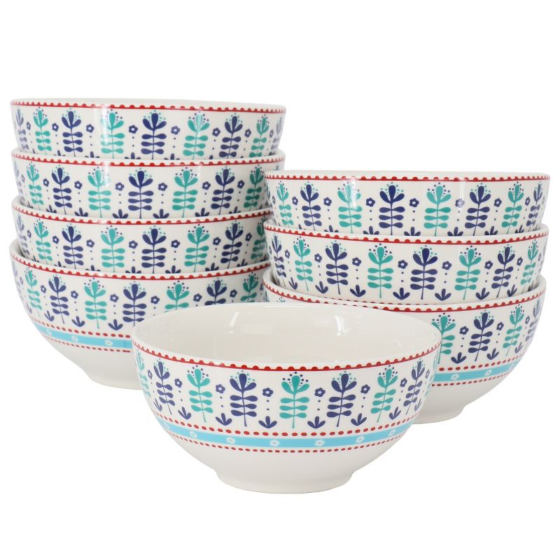 Gibson Home Village Vines Floral 8 Piece 6 Inch Fine Ceramic Bowl Set in White and Multi Blue, 1 of 7