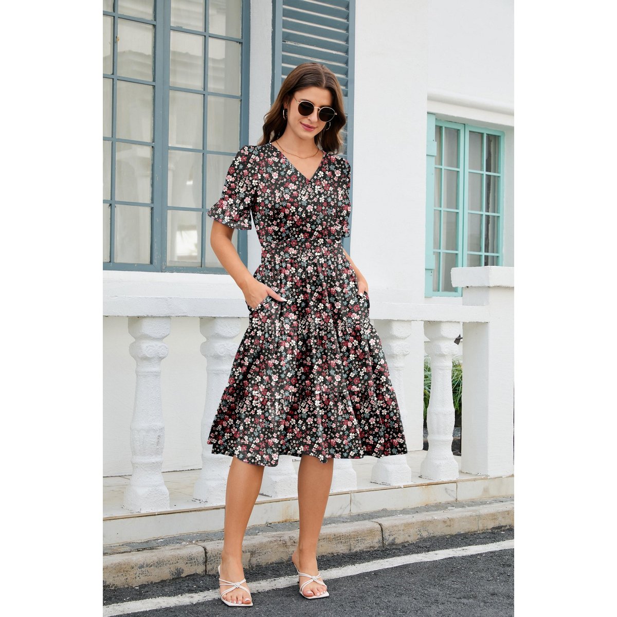 Женские платья Zeagoo Women's Summer Dress Floral Midi Casual Short Sleeve Flowy Beach Dress with Pockets Pink Floral L — фото 7