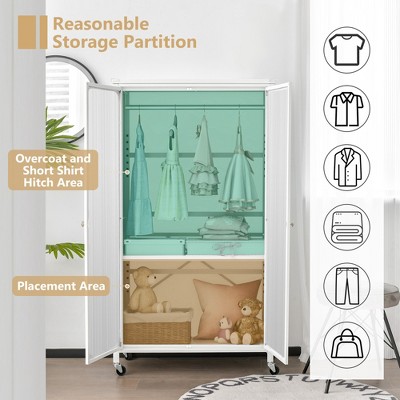 White Metal and Plastic Kids Wardrobe with Adjustable Shelves and Hanging Rod