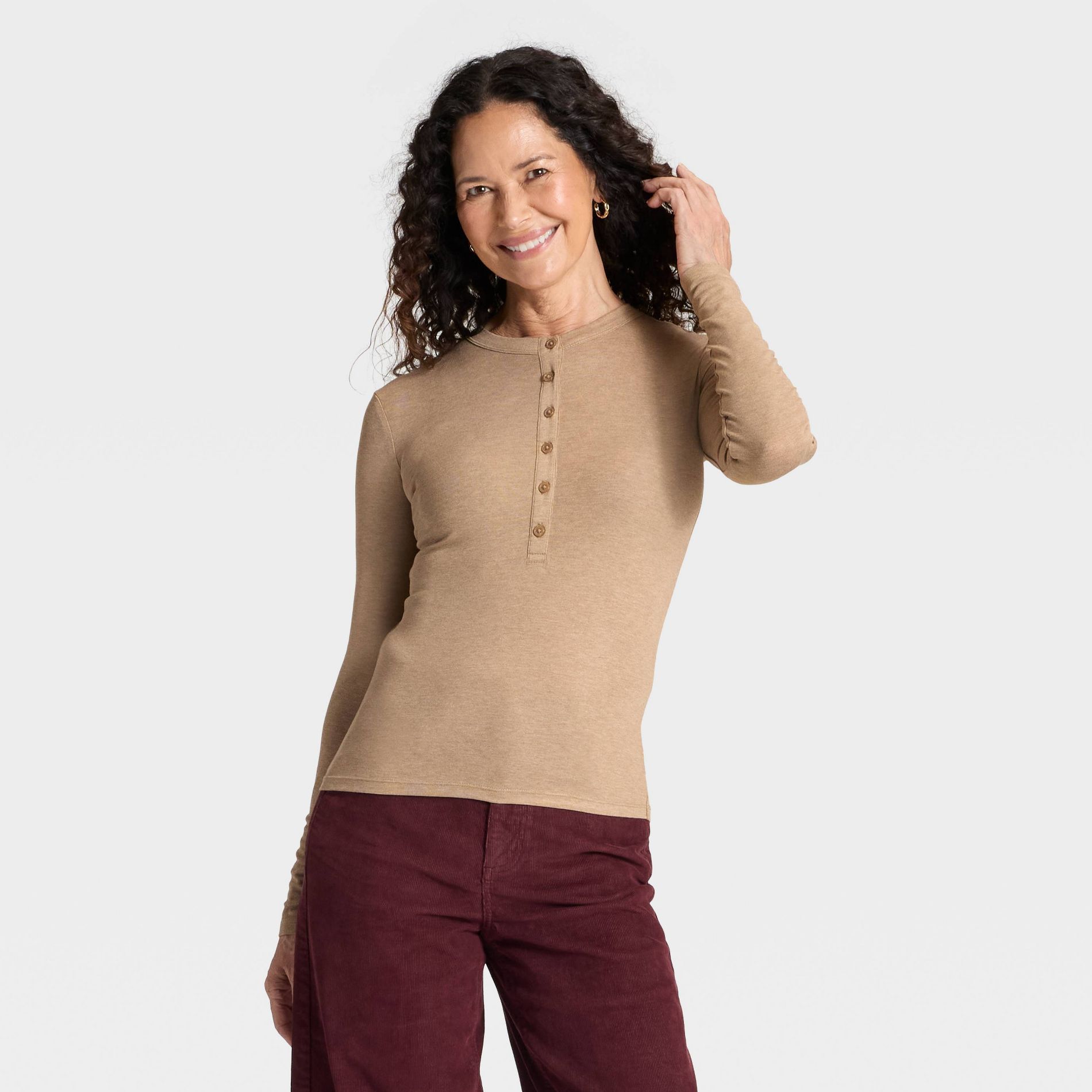Women's Long Sleeve Henley Shirt - Universal Thread™ Heather Taupe L