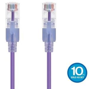 Monoprice Cat6A Ethernet Patch Cable - 5 Feet - Purple (10 Pack) Snagless RJ45 550Mhz UTP Pure Bare Copper Wire 10G 30AWG - SlimRun Series - 1 of 4