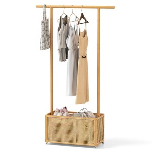 Costway Bamboo Clothes Rack with Rattan Storage Basket & Wheels, Rolling Garment Rack Brown/Beige - 1 of 4