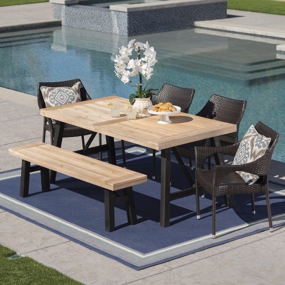 Photos - Garden Furniture Hensley 6pc Acacia & Wicker Dining Set: Weather-Resistant, Garden Furnitur