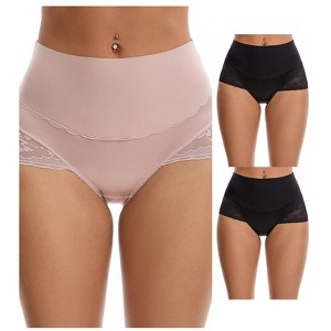 INSPIRE CHIC Women's Hi-Cut Satin High Waisted Lace Trimmed Tummy Control Underpants Briefs 3 Packs - 1 of 4