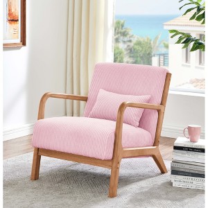 Wood Frame Lounge Chair with Corduroy Upholstery, Plush Ribbed Seat and Matching Lumbar Cushion, Scandinavian Design - 1 of 4