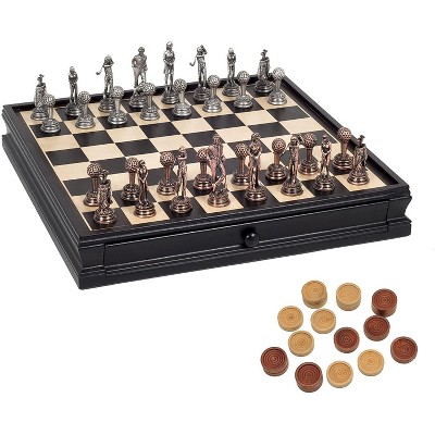 WE Games Golf Chess & Checkers Game Set - Pewter Chessmen & Black Stained Wood Board with Storage Drawers 15 in.