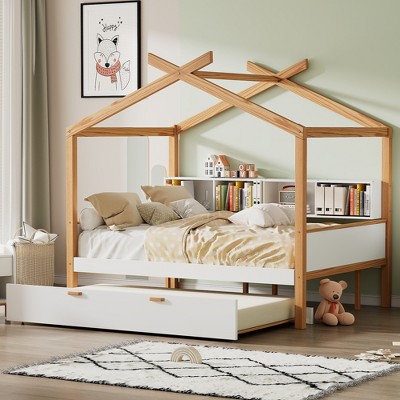 Twin Size House Bed Platform Bed Kids Bed with Twin Size Trundle and Bookshelf, Natural+White-ModernLuxe