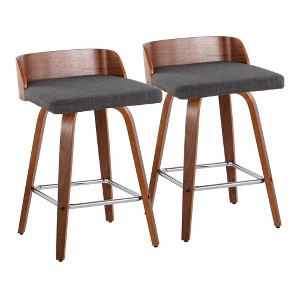 2pcs 26" Fabric Upholstered Mid-Century Modern Counter Stool with Swivel and Bent Wood Legs with Metal Footrest for Kitchen Island or Home Bar - 1 of 4