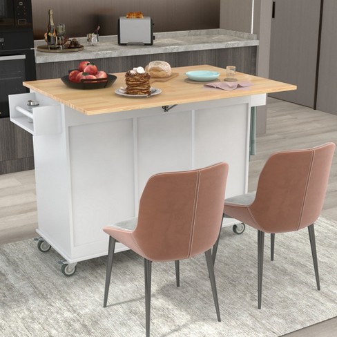 Kitchen Island Cart, Island Table for Kitchen, Rubber Wood Drop-Leaf  Countertop, Mobile Portable Kitchen Island with Storage Cabinet & 3  Drawers