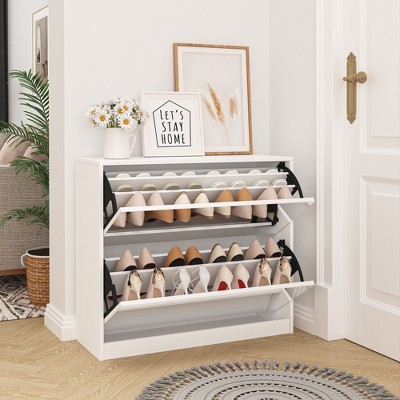 32.68“2 Tier Shoe Storage Cabinet with Draders for Entryway,Bedroom,Flip Door Design Shoe Cabinet，White