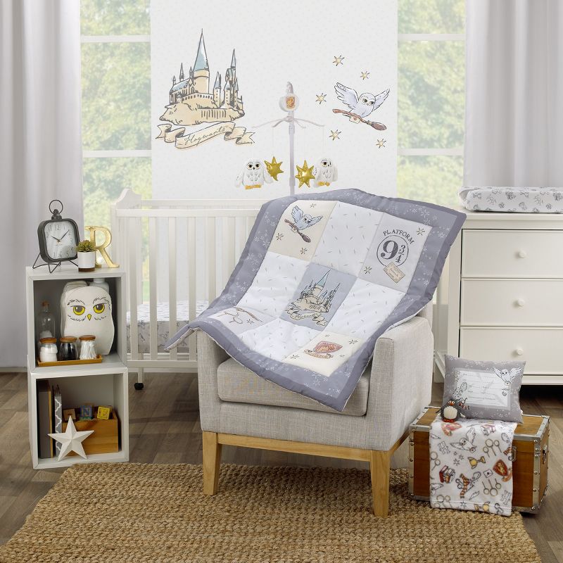 Warner Brothers Harry Potter Magical Moments Grey and White Hogwarts 3 Piece Nursery Mini Crib Bedding Set - Comforter and Two Fitted Mini Crib Sheets, 5 of 6