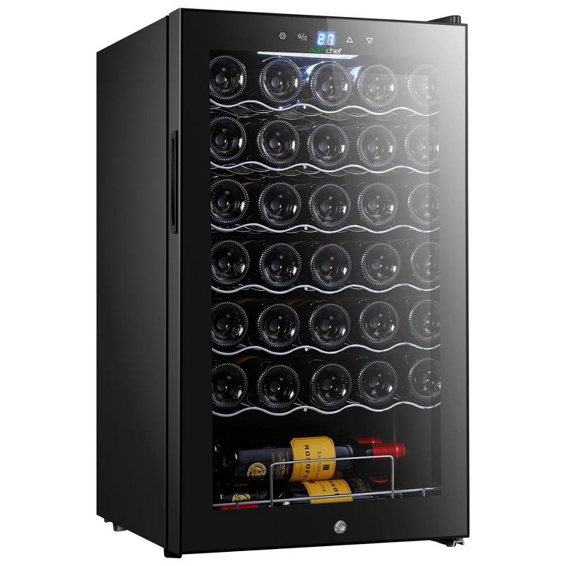 NutriChef 34 Bottle Compressor Wine Cooler Refrigerator Cooling System | Large Freestanding Wine Cellar Fridge For Red And White Champagne, 1 of 2