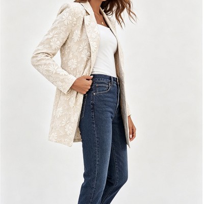 Женские куртки YesFashion Women's Floral Embroidery Open Blazer Lapel Collar Single Button Long Sleeve Relaxed Casual Outerwear Jacket,khaki,xl — фото 2