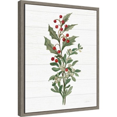 Christmas Holly and Mistletoe Canvas Wall Art Print with Greywash Frame