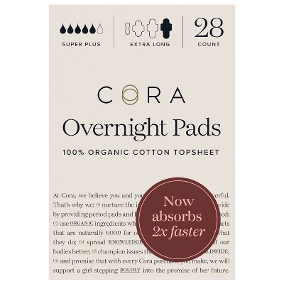 Cora Organic Cotton Ultra Thin Overnight Fragrance Free Pads with Wings for Periods - Super Absorbency - 28ct