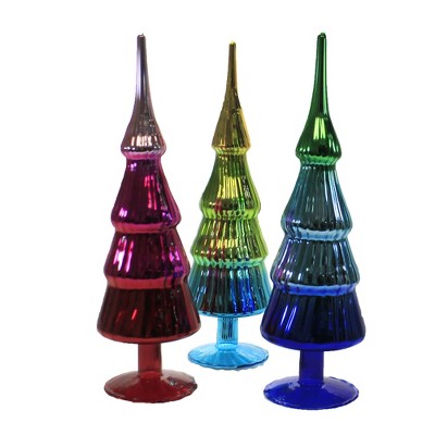 Christmas 12.5" Brilliant Colored Glass Trees Set / 3  Bright Ombre Tye Dye  -  Decorative Figurines