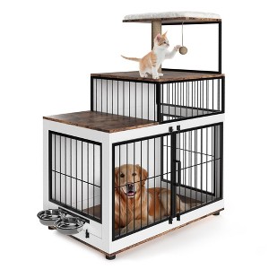2-in-1 Dog Crate & Cat Tree - XL Wooden Pet Furniture w/Scratching Post & Bowls for Homes w/Both Dogs & Cats - 1 of 4