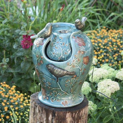 Blue Verdigris Ceramic Bird Indoor Water Fountain with LED Light