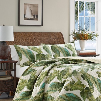 Twin White Cotton Reversible Quilt Set with Green Palm Design