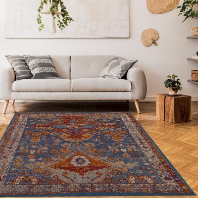 Elegant Blue 5' x 7' Moroccan Floral Synthetic Area Rug