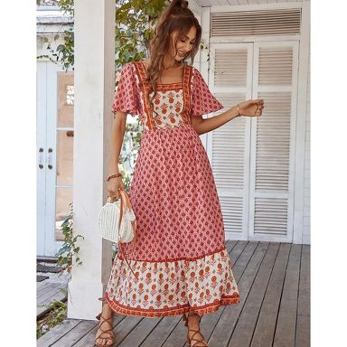 Women's Floral Print Tiered Short Sleeve Dress Square Neck Ruffle High Waist  A Line Summer Long Dress Pink X-Large : Target