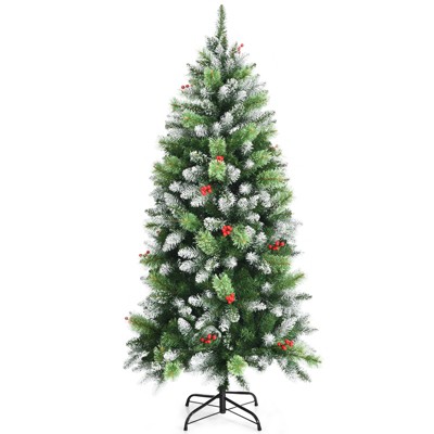 Tangkula 5ft Evergreen Christmas Tree Hinged Artificial Xmas Tree w/ Snow Sprayed Branch Tips & Red Berry Clusters