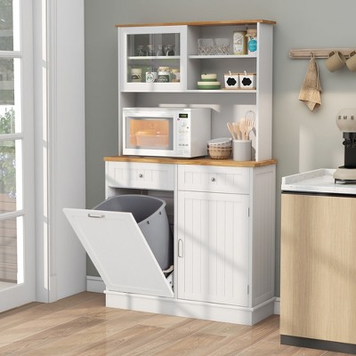 White and Natural MDF Tilt Out Trash Cabinet with Hutch