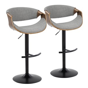 LumiSource Set of 2 Curvo Adjustable Barstools Walnut Fabric/Black Metal - 1 of 4