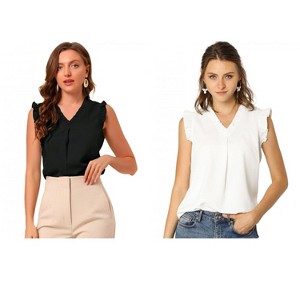 Allegra K Women's Ruffled Sleeveless Work Business Vintage Blouses 2 Packs - 1 of 4